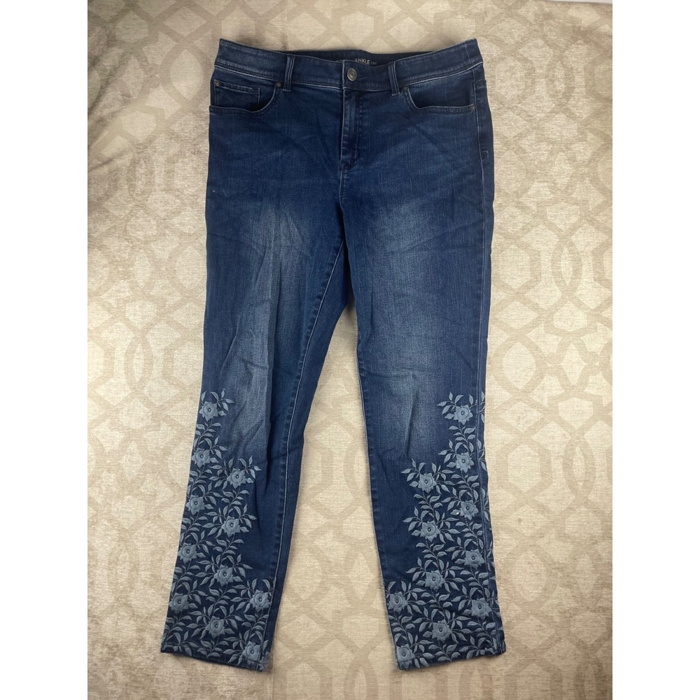 Chico's The Platinum Ankle Jeans Women 0.5 Blue NWOT Floral Embroidered Hem